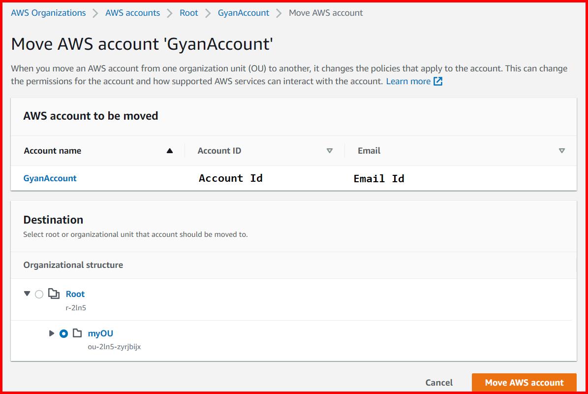 Picture showing the review screen before moving the account in the organizational unit
